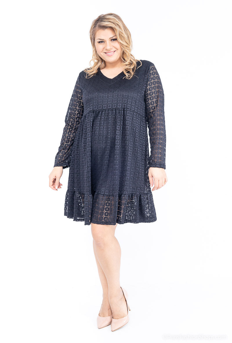 Plus Size Plain V-neck Lace Dress