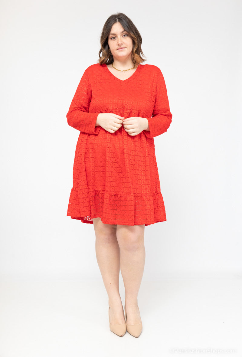 Plus Size Plain V-neck Lace Dress