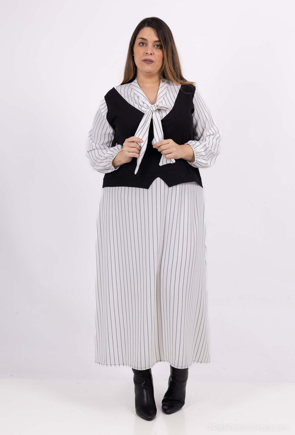 Plus Size Randig Falsk Tvådelad Klänning med Båge