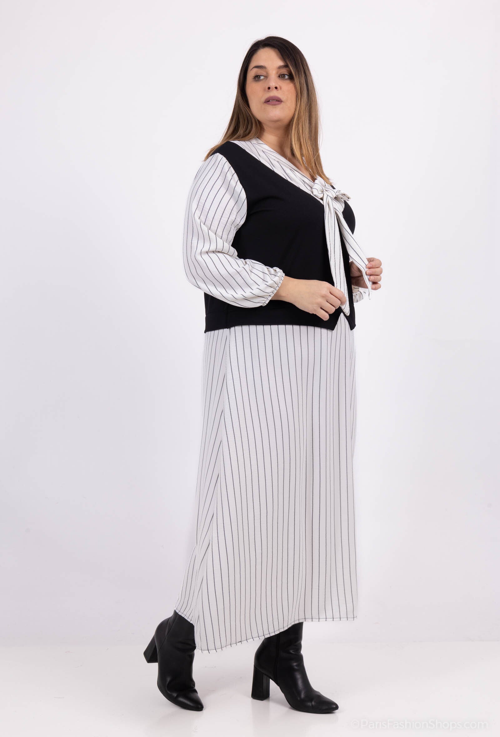 Plus Size Randig Falsk Tvådelad Klänning med Båge