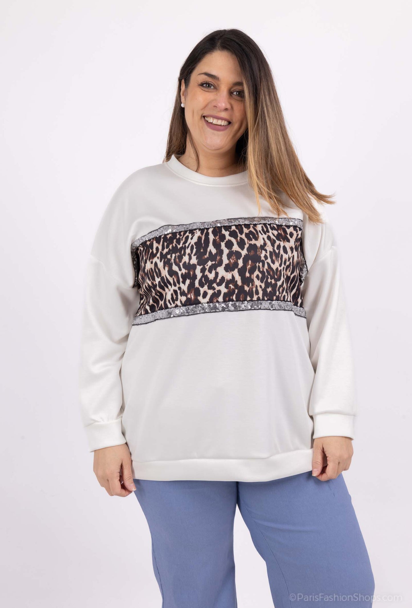 Plus Size Round neck bicolor/ leopard print sweatshirt