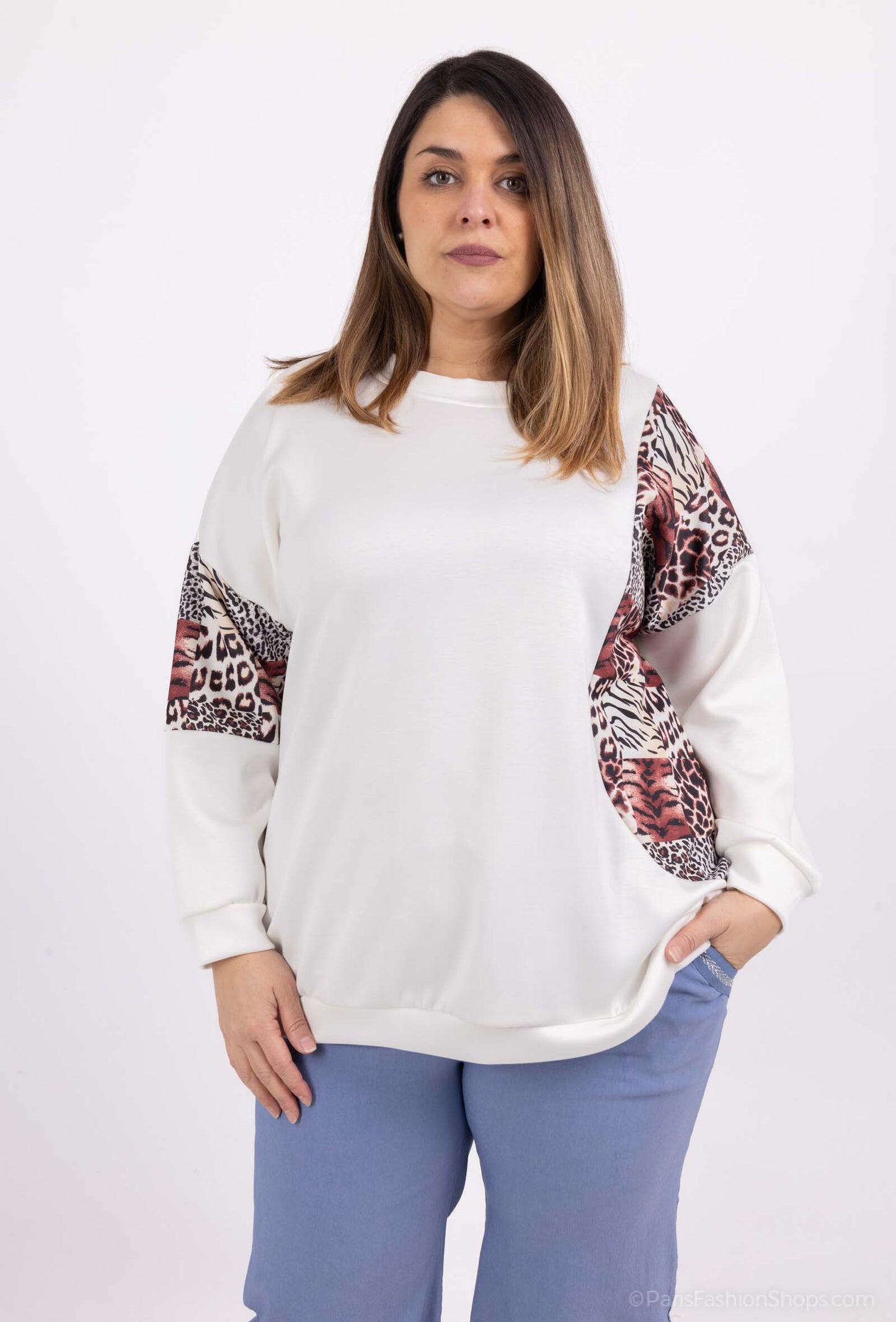 Plus Size Round neck bicolor/ leopard print sweatshirt