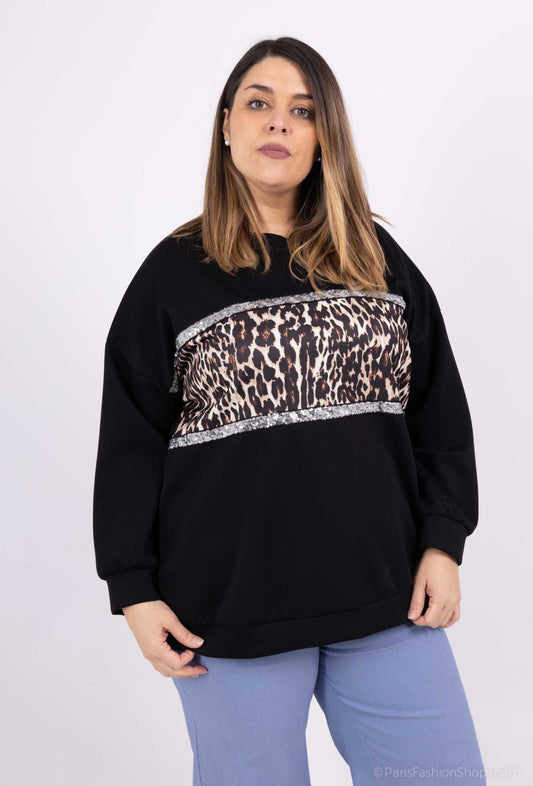 Plus Size Rundhals Bicolor/Leopardtryck Sweatshirt