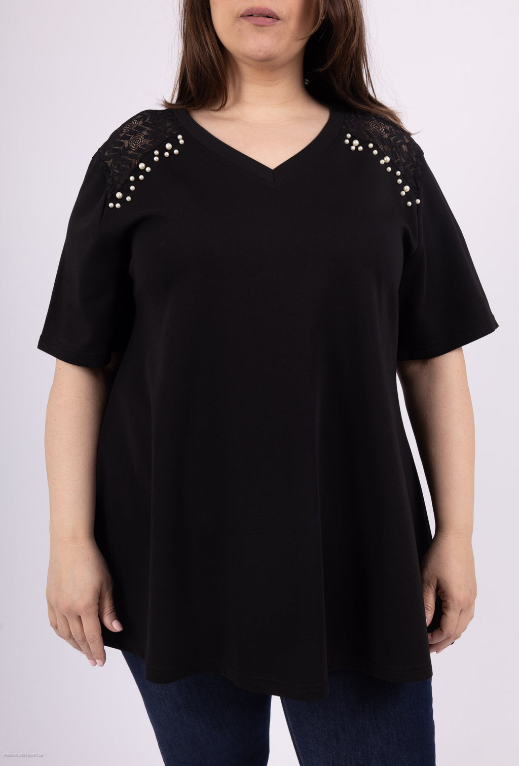 Plus Size Öppen Spets T-shirt med Pärlor