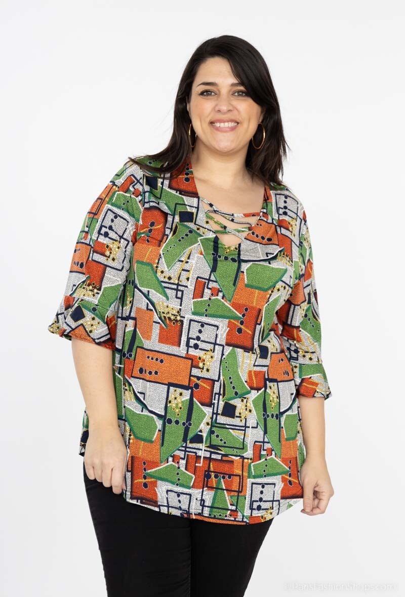 Plus Size T-shirt med geometriskt korsat tryck