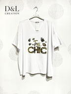 Plus Size Large v-collar t-shirt in t40 printed cotton to T56