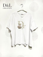 Plus Size Large v-collar t-shirt in t40 printed cotton to T56