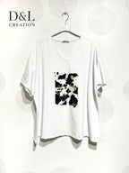 Plus Size Large v-collar t-shirt in t40 printed cotton to T56