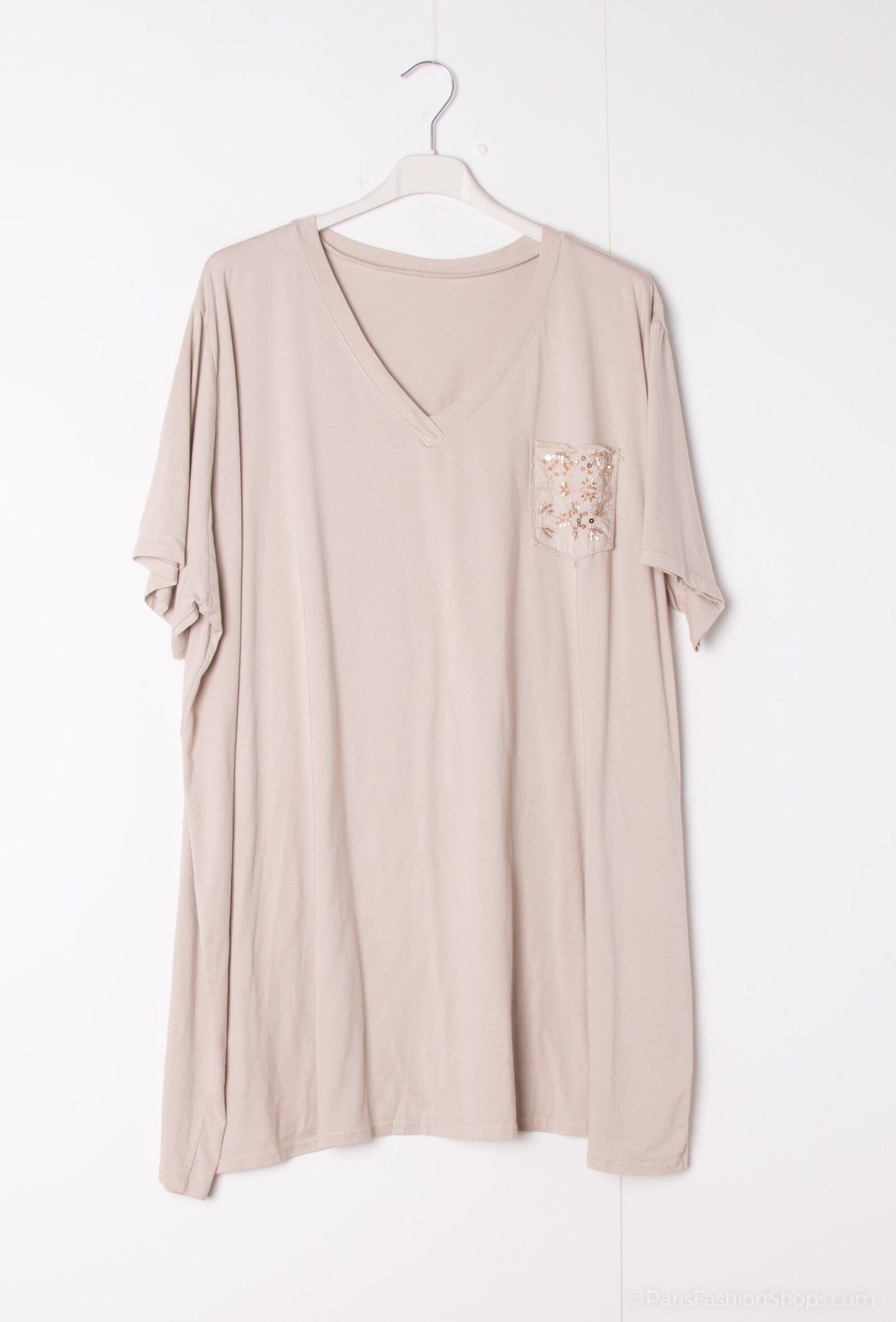 Plus Size V-neck large cotton teeshirt with embroidered chest pocket