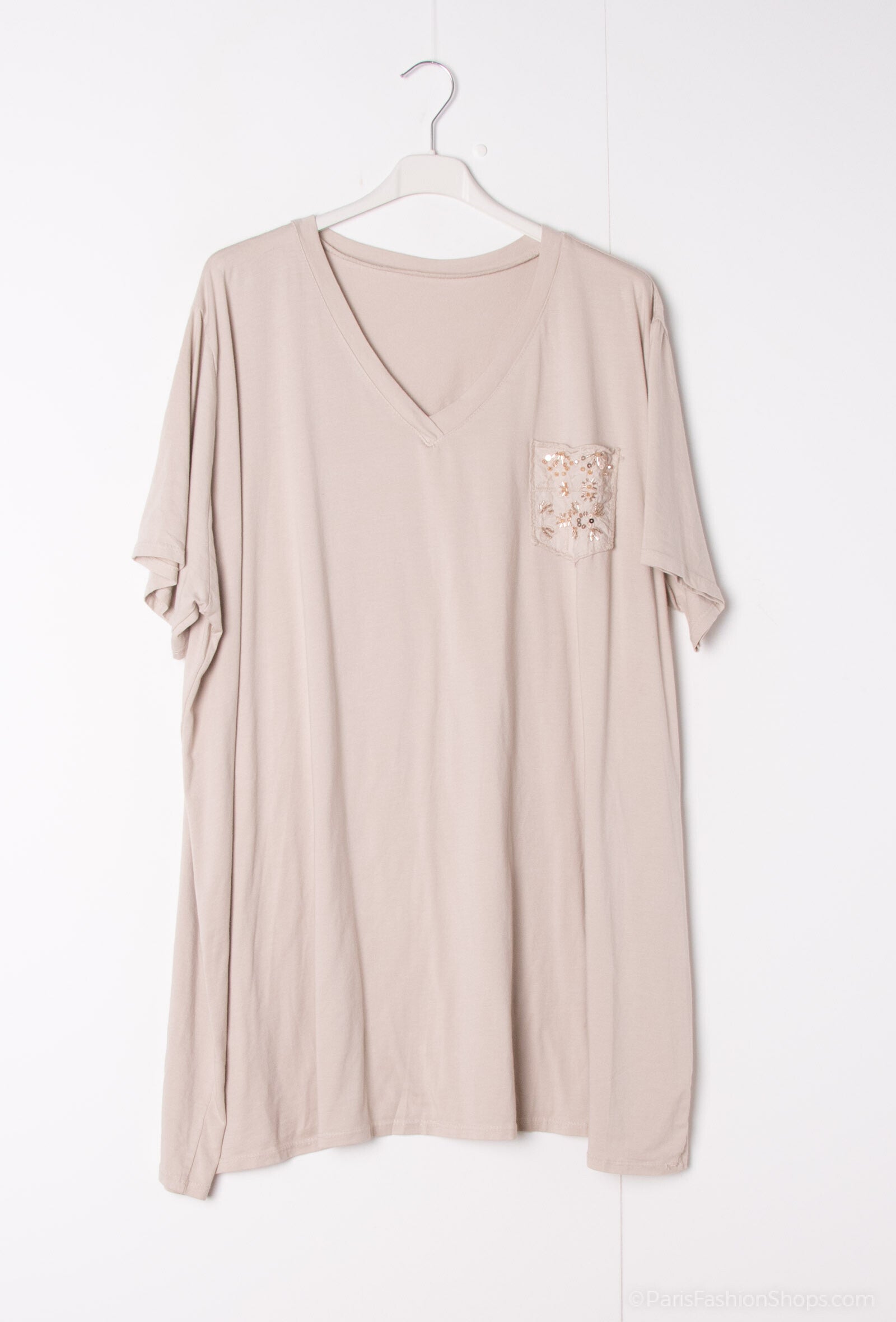 Plus Size V-neck large cotton teeshirt with embroidered chest pocket