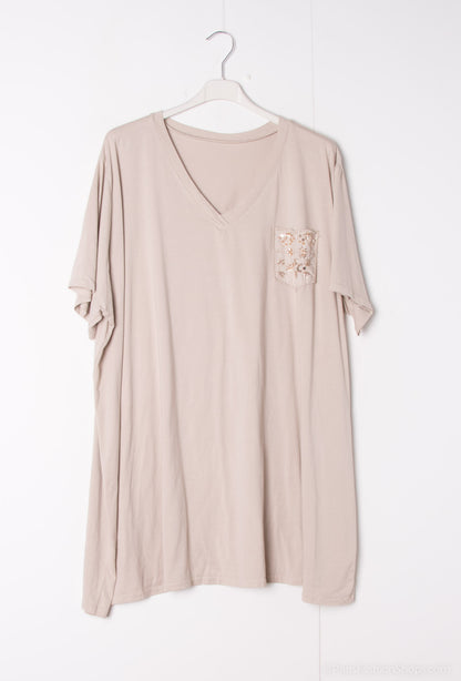 Plus Size V-neck large cotton teeshirt with embroidered chest pocket