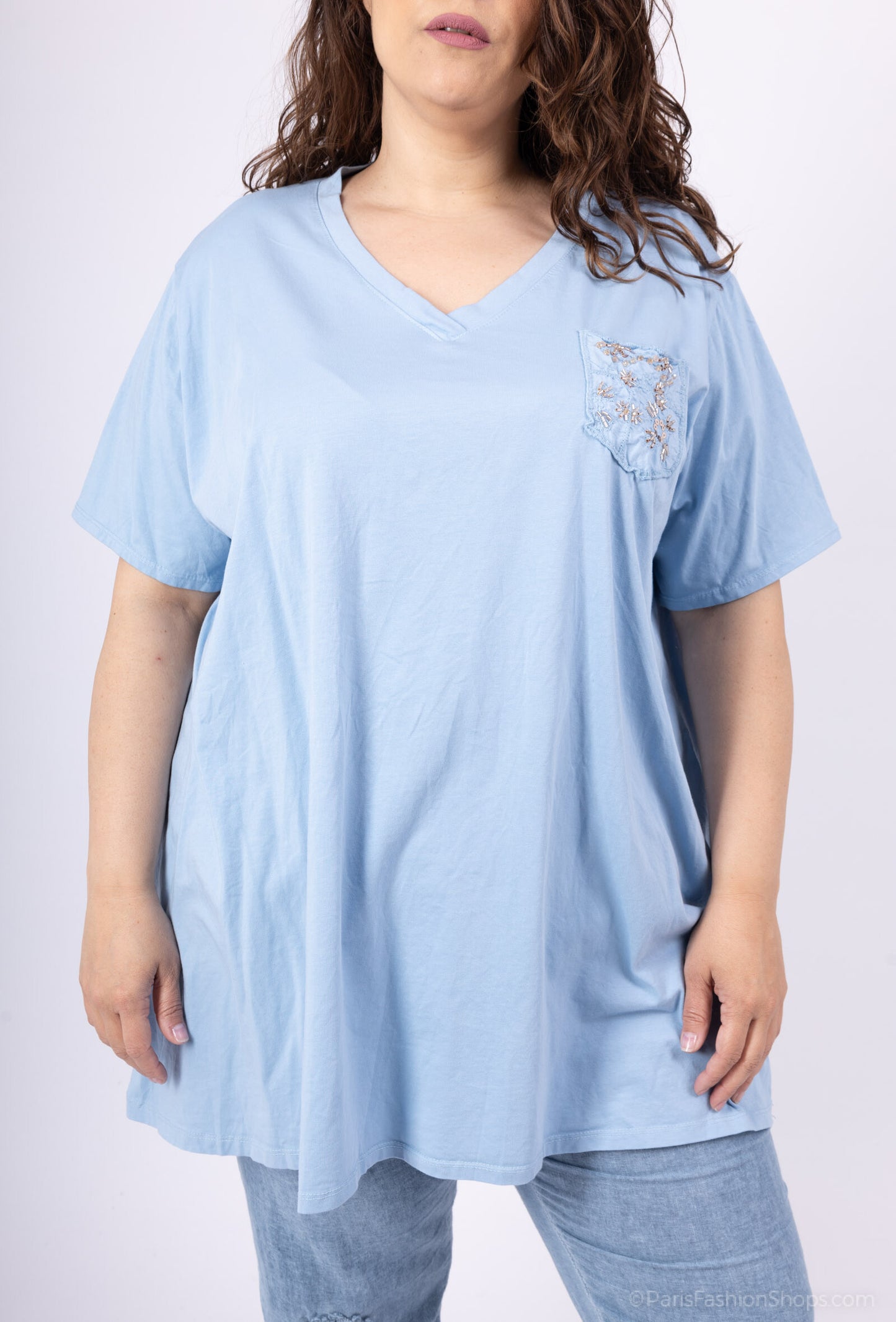 Plus Size V-neck large cotton teeshirt with embroidered chest pocket