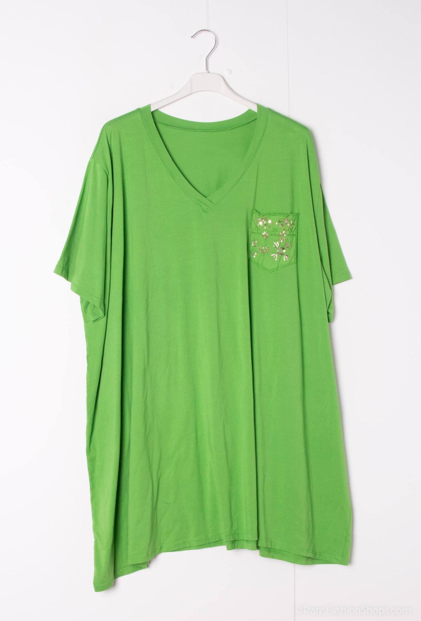 Plus Size V-neck large cotton teeshirt with embroidered chest pocket