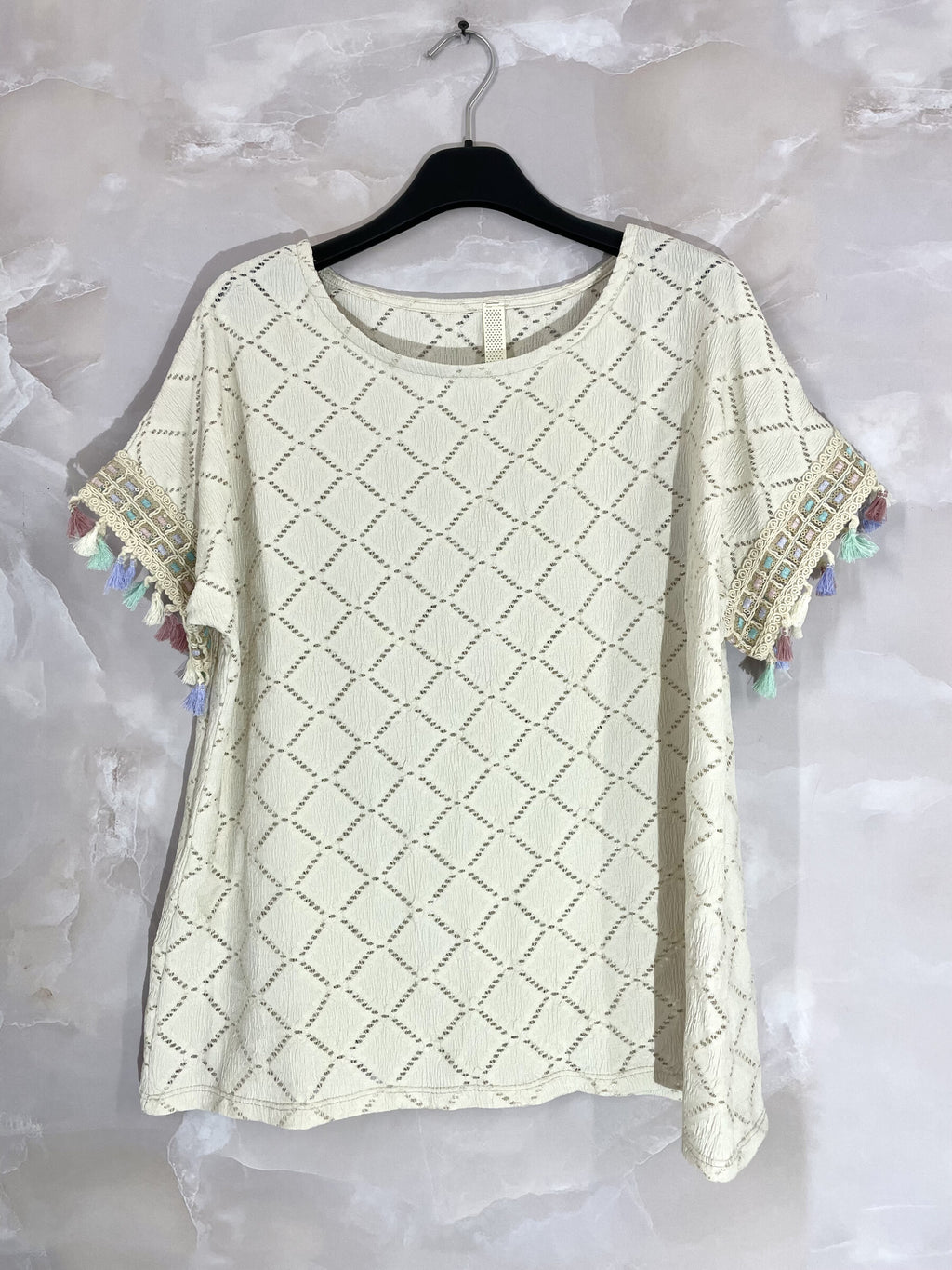 Plus Size Top with openwork cover with sleeves with colorful pompoms T38 to T48