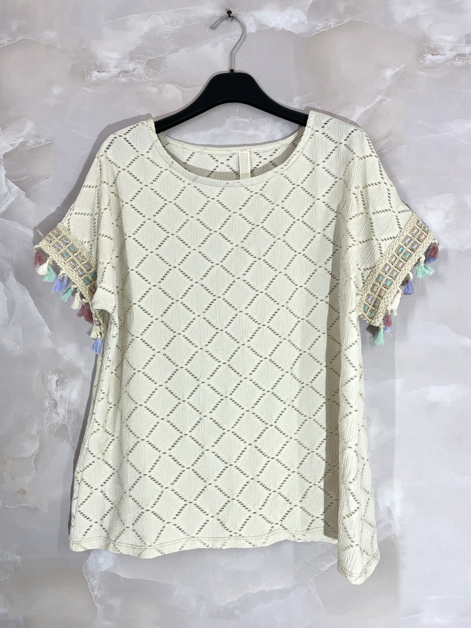 Plus Size Top with openwork cover with sleeves with colorful pompoms T38 to T48