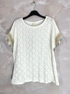 Plus Size Top with openwork cover with sleeves with colorful pompoms T38 to T48