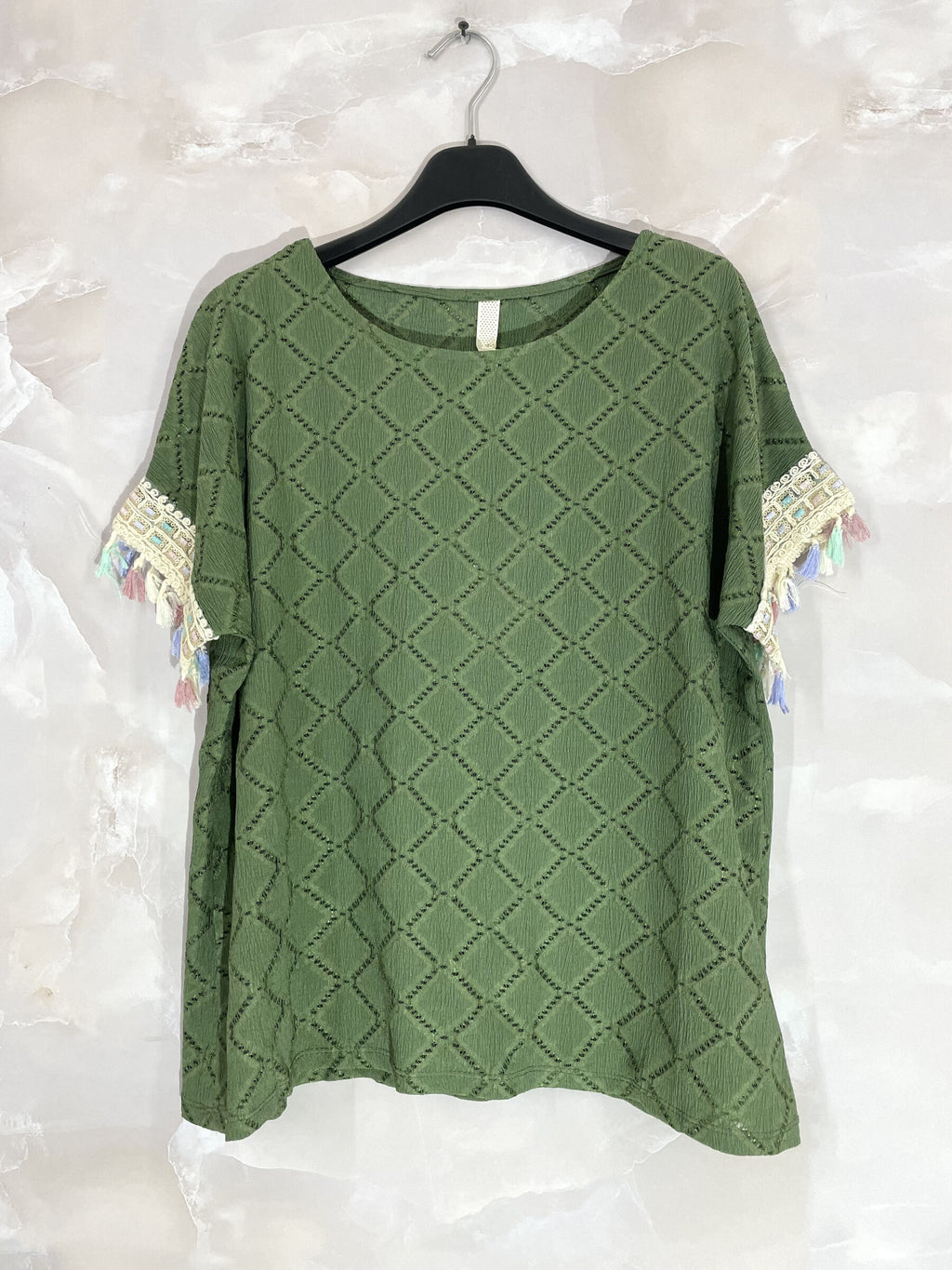 Plus Size Top with openwork cover with sleeves with colorful pompoms T38 to T48