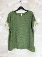 Plus Size Top with openwork cover with sleeves with colorful pompoms T38 to T48
