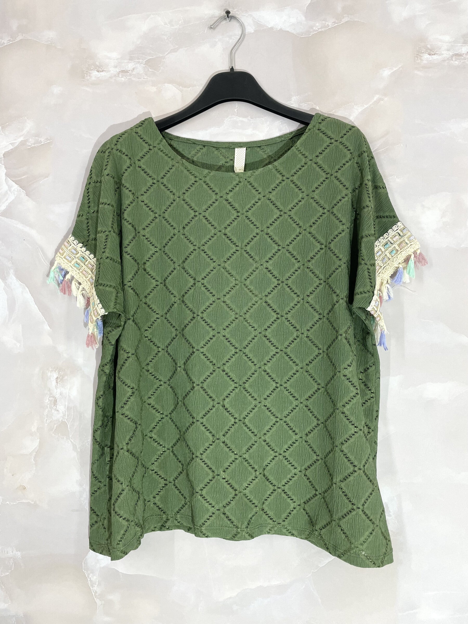 Plus Size Top with openwork cover with sleeves with colorful pompoms T38 to T48