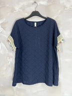 Plus Size Top with openwork cover with sleeves with colorful pompoms T38 to T48