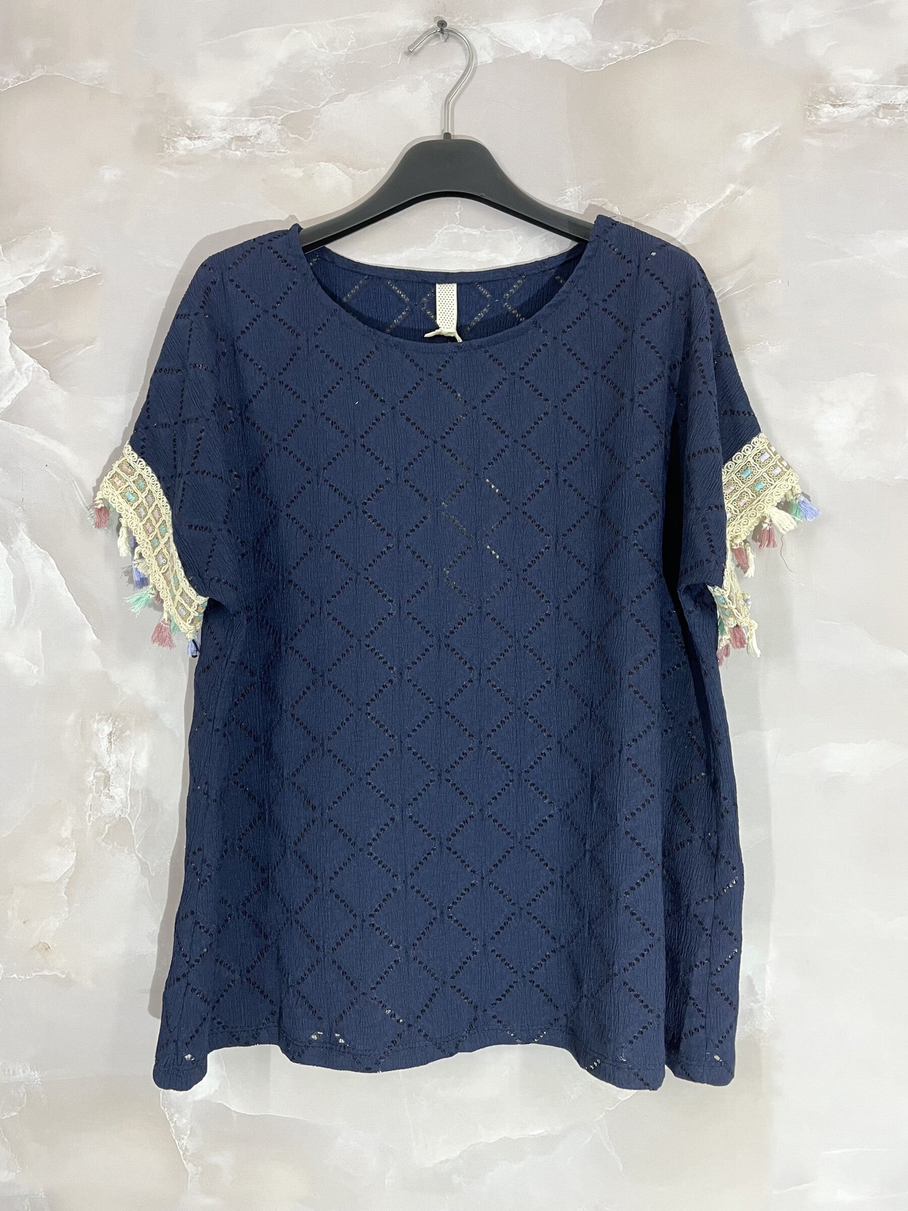 Plus Size Top with openwork cover with sleeves with colorful pompoms T38 to T48