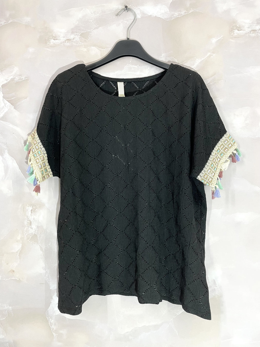 Plus Size Top with openwork cover with sleeves with colorful pompoms T38 to T48