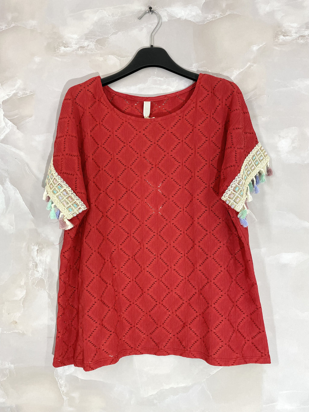 Plus Size Top with openwork cover with sleeves with colorful pompoms T38 to T48