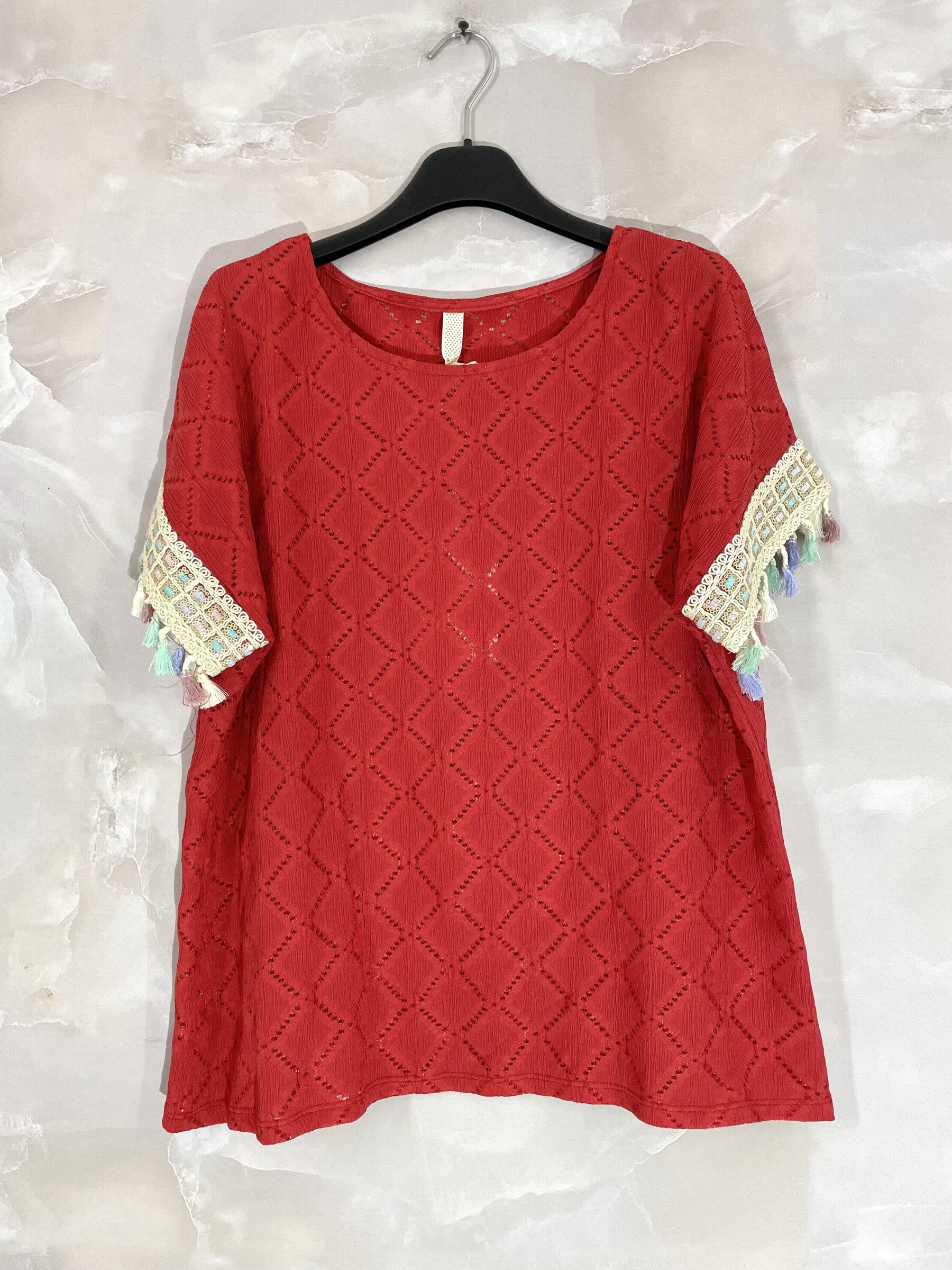 Plus Size Top with openwork cover with sleeves with colorful pompoms T38 to T48