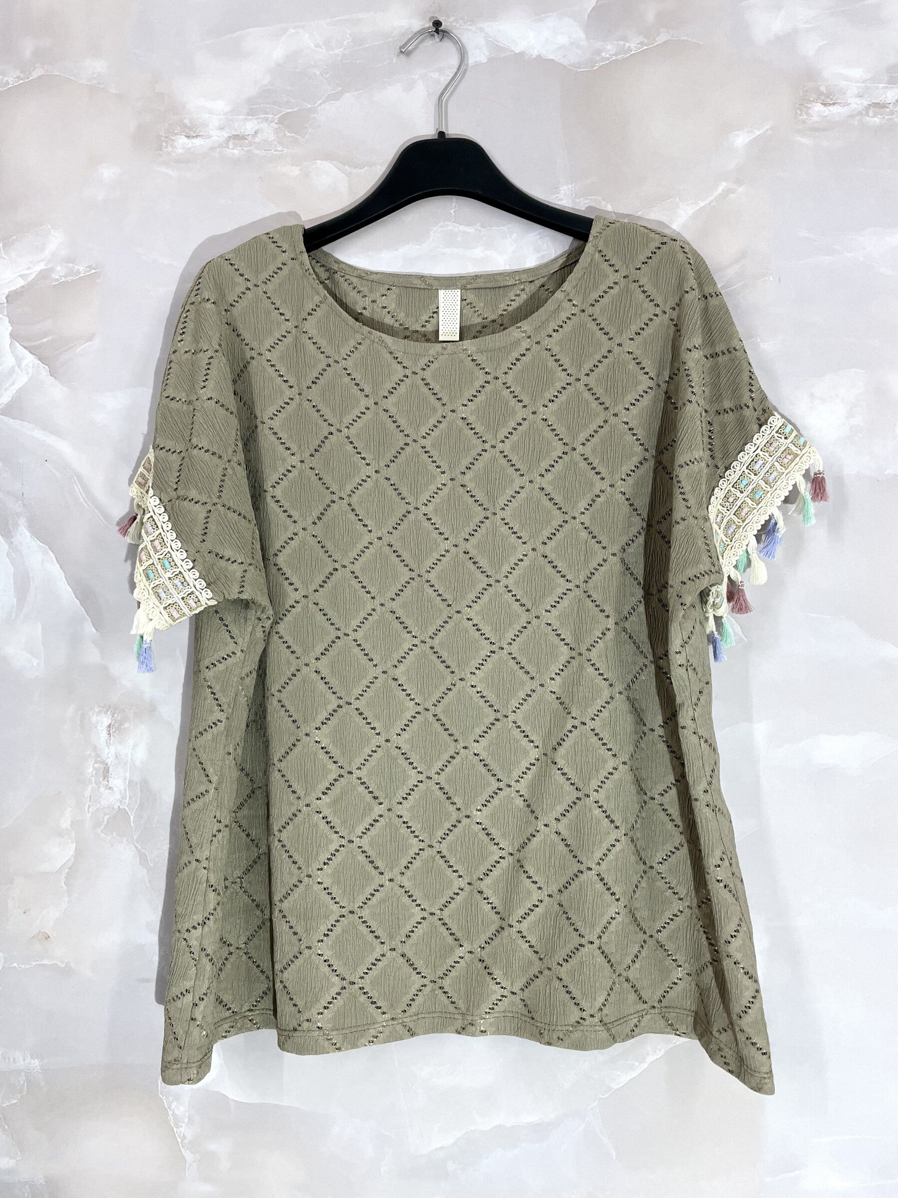 Plus Size Top with openwork cover with sleeves with colorful pompoms T38 to T48