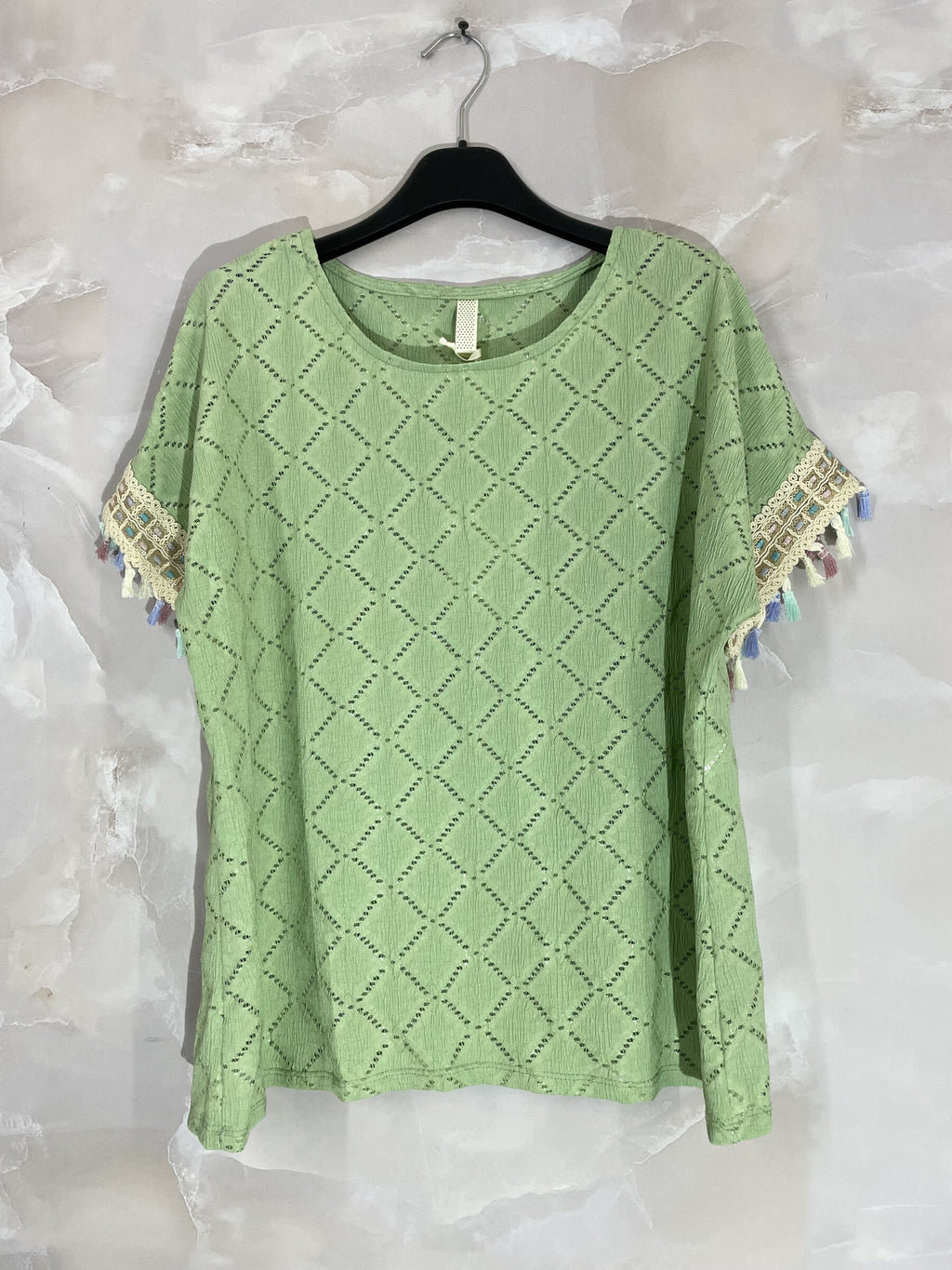 Plus Size Top with openwork cover with sleeves with colorful pompoms T38 to T48