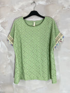 Plus Size Top with openwork cover with sleeves with colorful pompoms T38 to T48