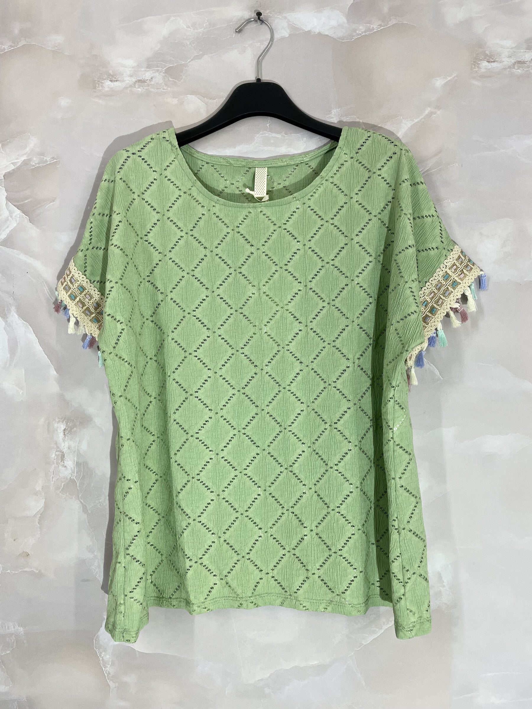Plus Size Top with openwork cover with sleeves with colorful pompoms T38 to T48