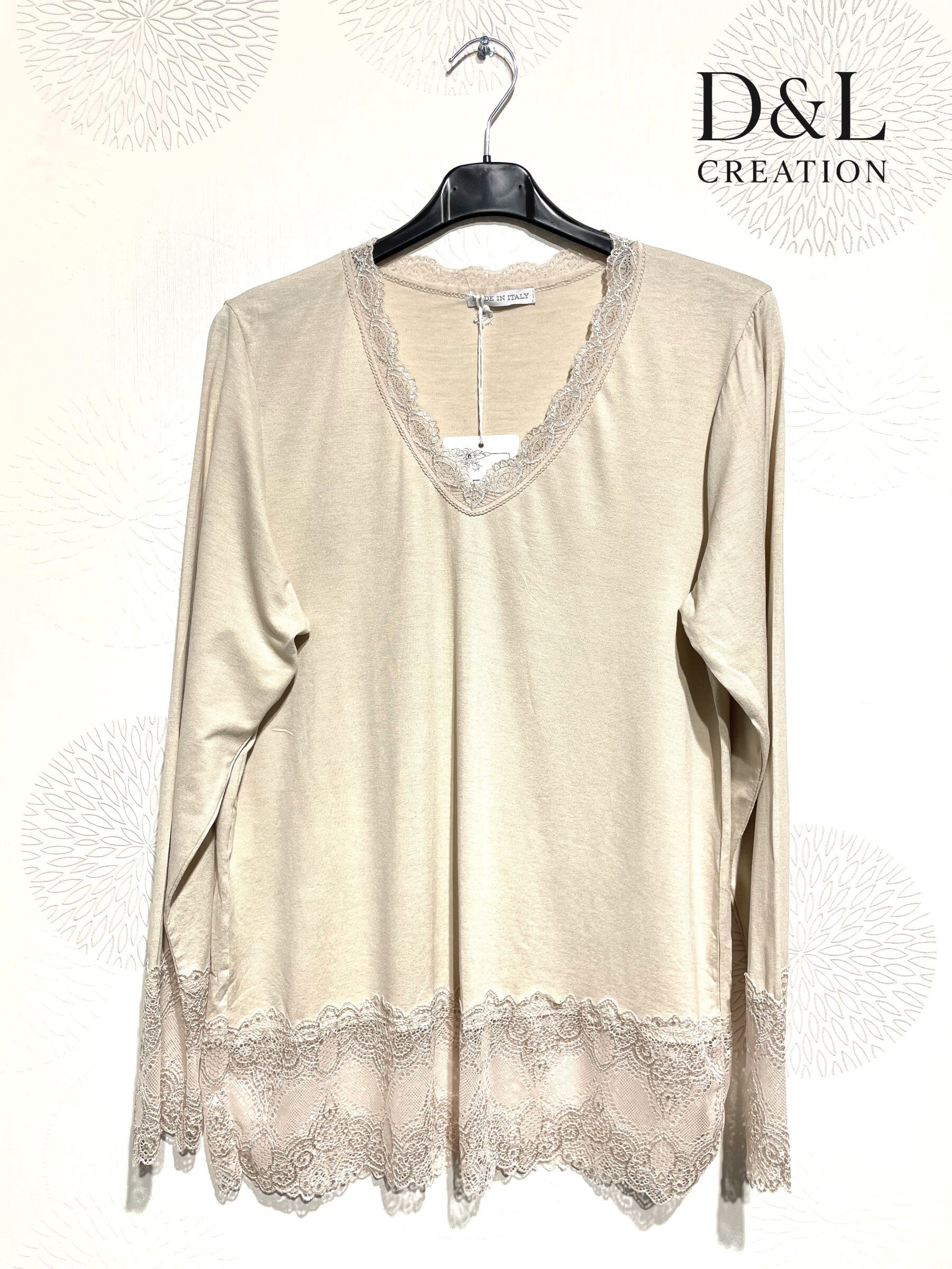 Ultra-stretch basic viscose top med spets, storlek T38 till T50