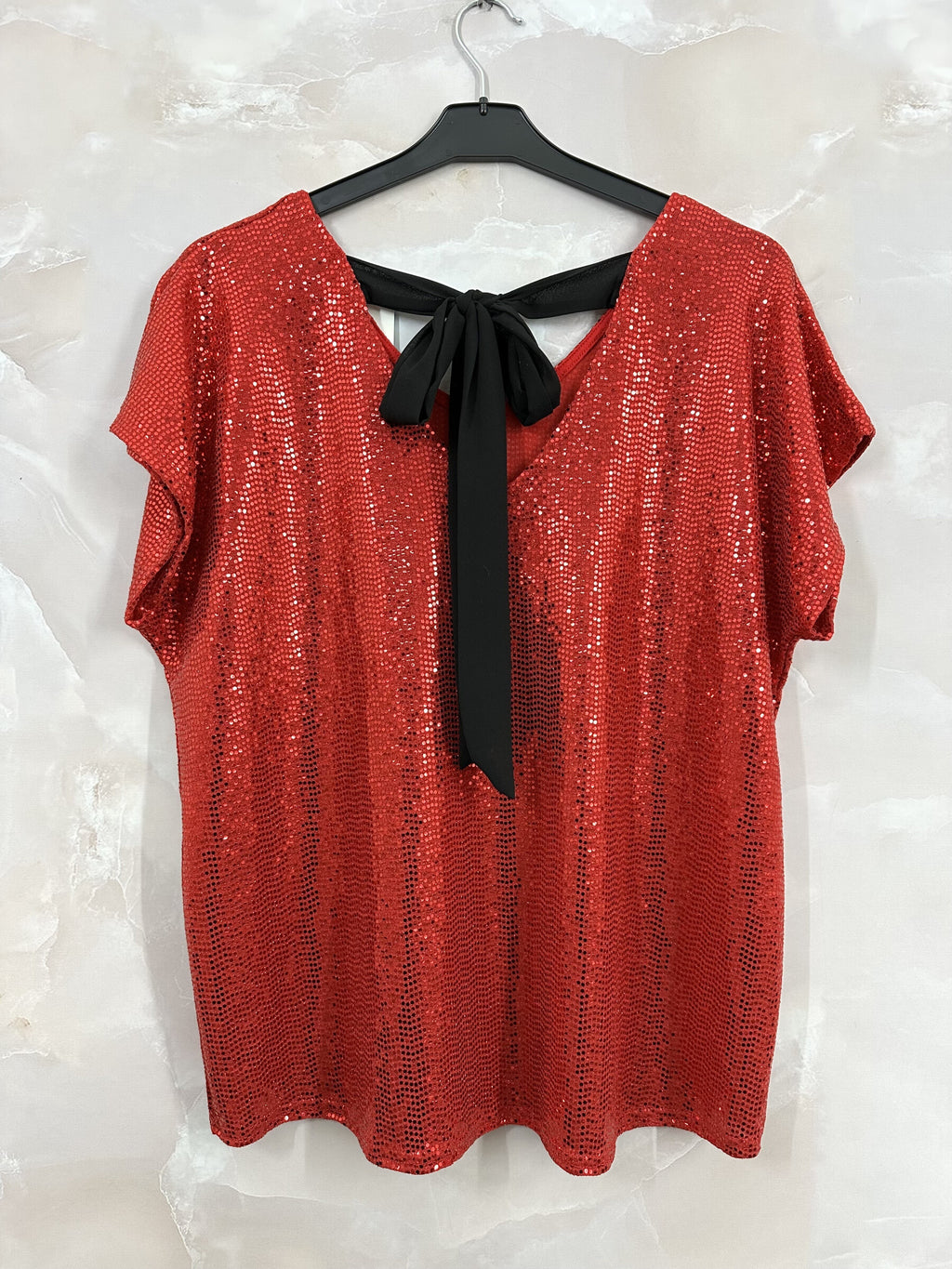 Plus Size Shiny V-neck Top with Bow on the Back