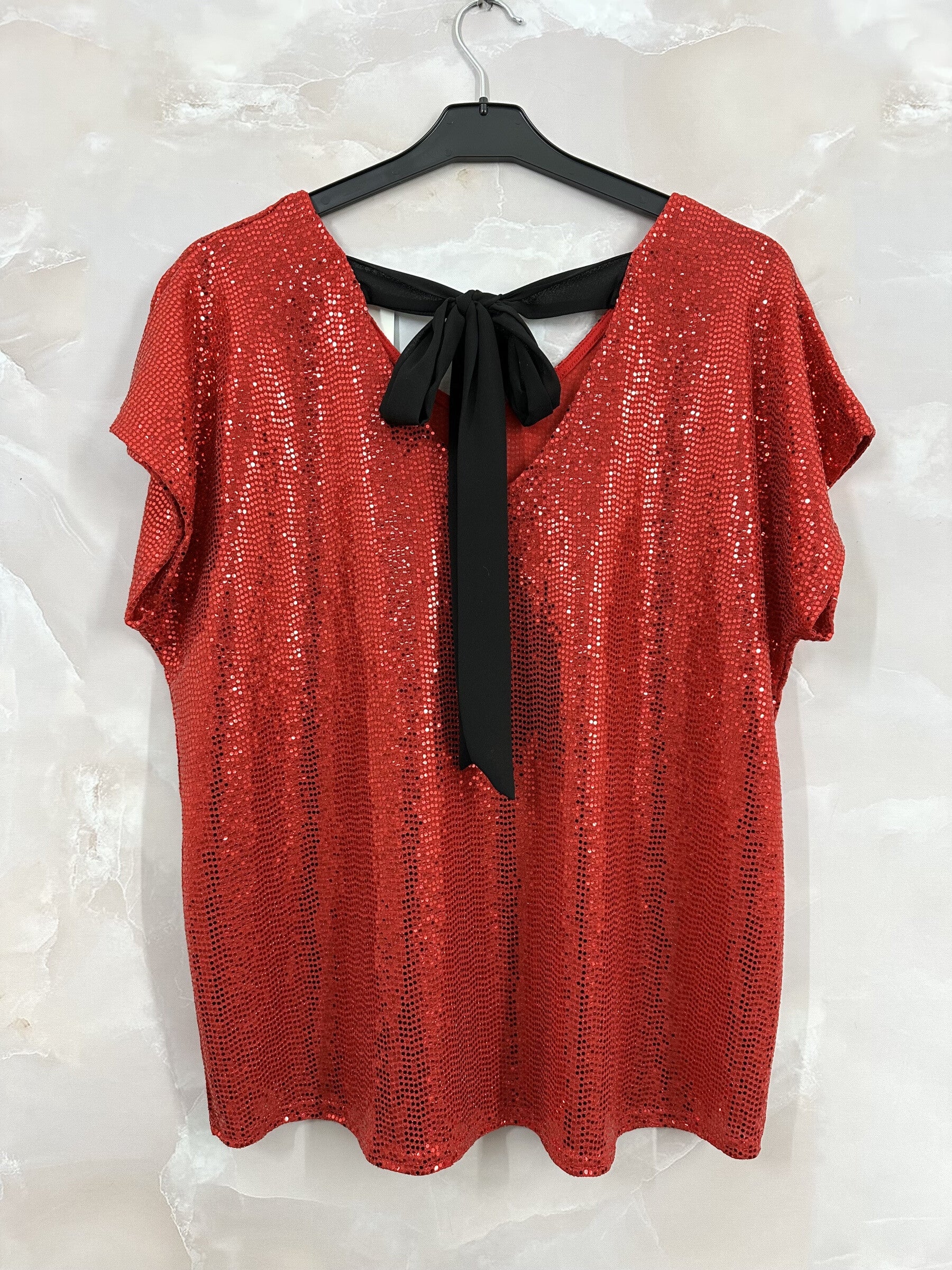 Plus Size Shiny V-neck Top with Bow on the Back