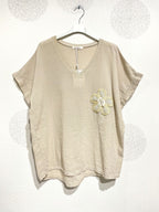 Plus Size Top med Glittrig Band och Broderad Blomma