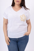Plus Size Top med Glittrig Band och Broderad Blomma