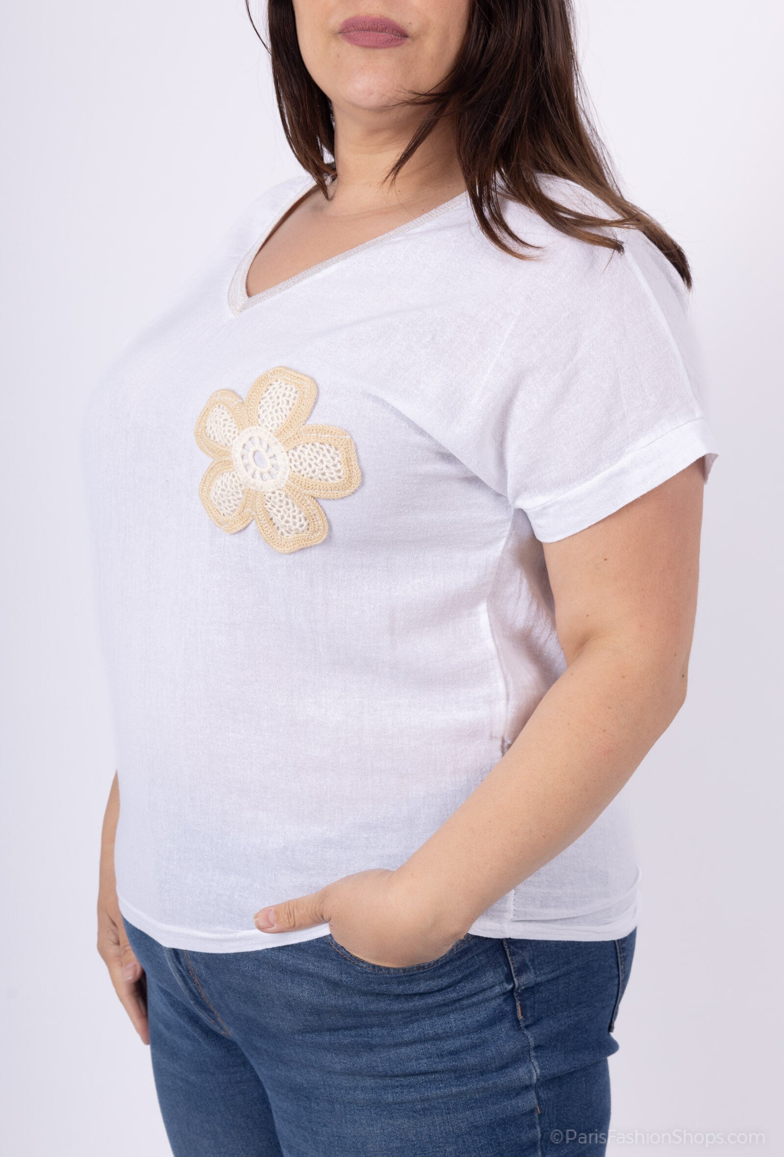 Plus Size Top med Glittrig Band och Broderad Blomma