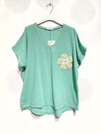Plus Size Top med Glittrig Band och Broderad Blomma
