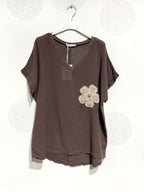 Plus Size Top med Glittrig Band och Broderad Blomma
