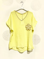 Plus Size Top med Glittrig Band och Broderad Blomma