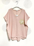 Plus Size Top med Glittrig Band och Broderad Blomma