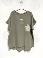 Plus Size Top med Glittrig Band och Broderad Blomma