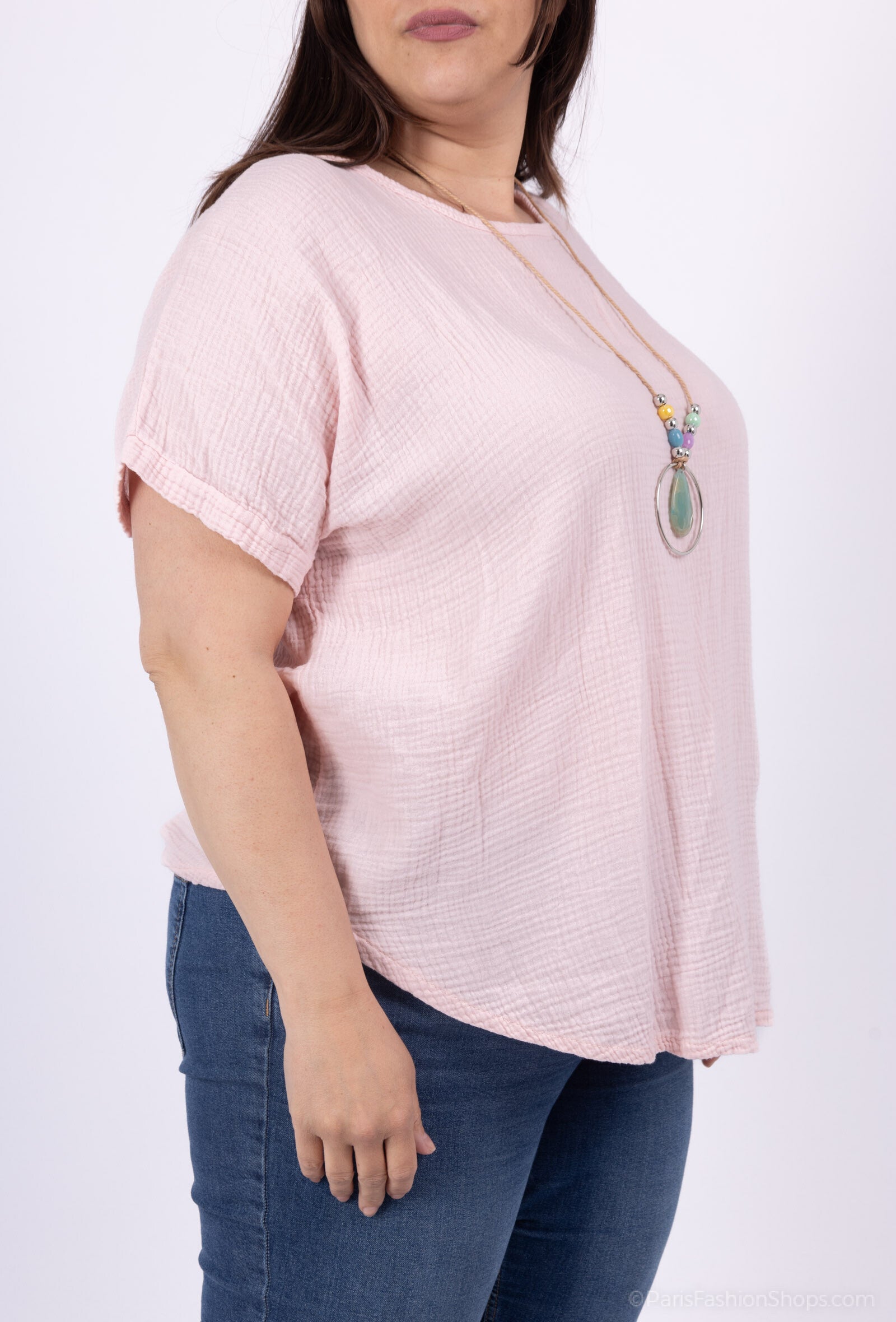 Plus Size Top i Dubbel Bomullsgaze med Spets