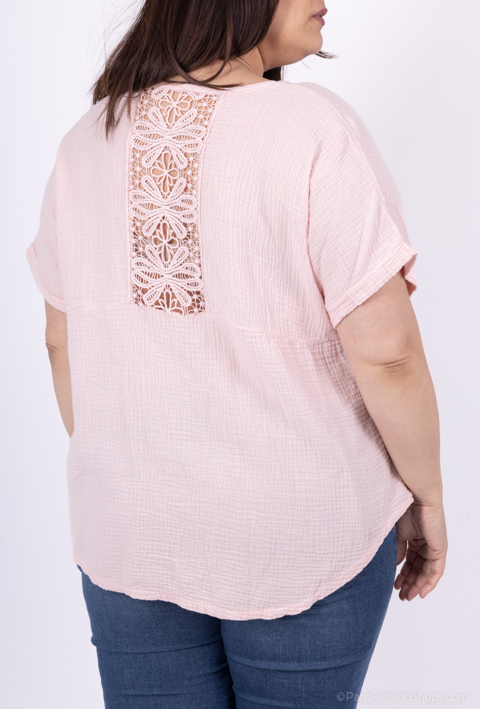 Plus Size Top i Dubbel Bomullsgaze med Spets