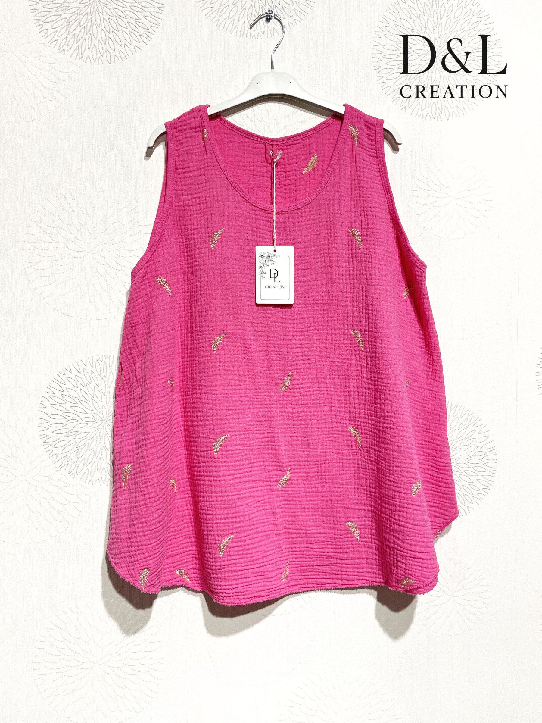 Plus Size Double cotton gauze top with feather embroidery size 38 to 48