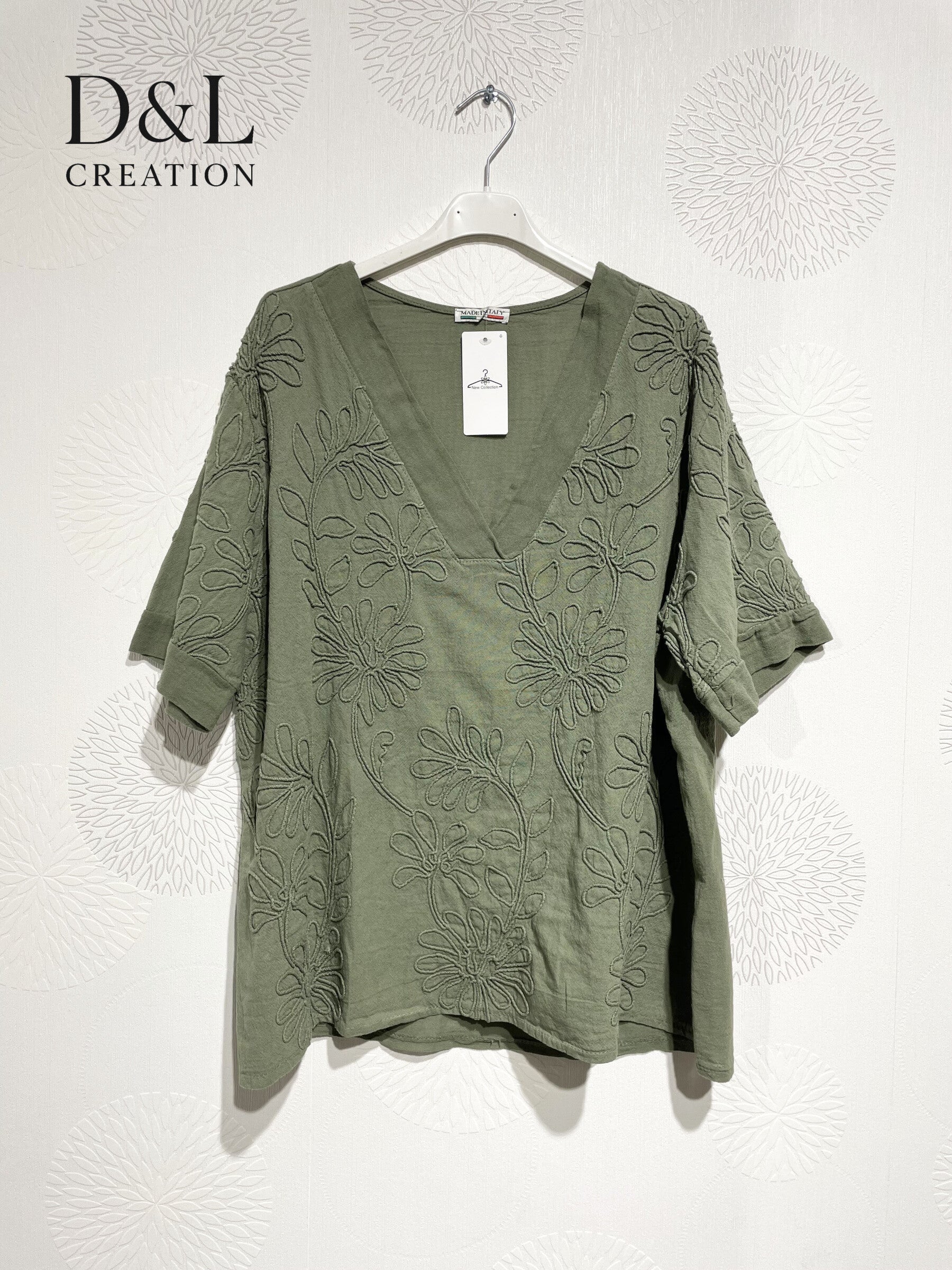 Plus Size V -neck top with flower embroidery T40 to T48