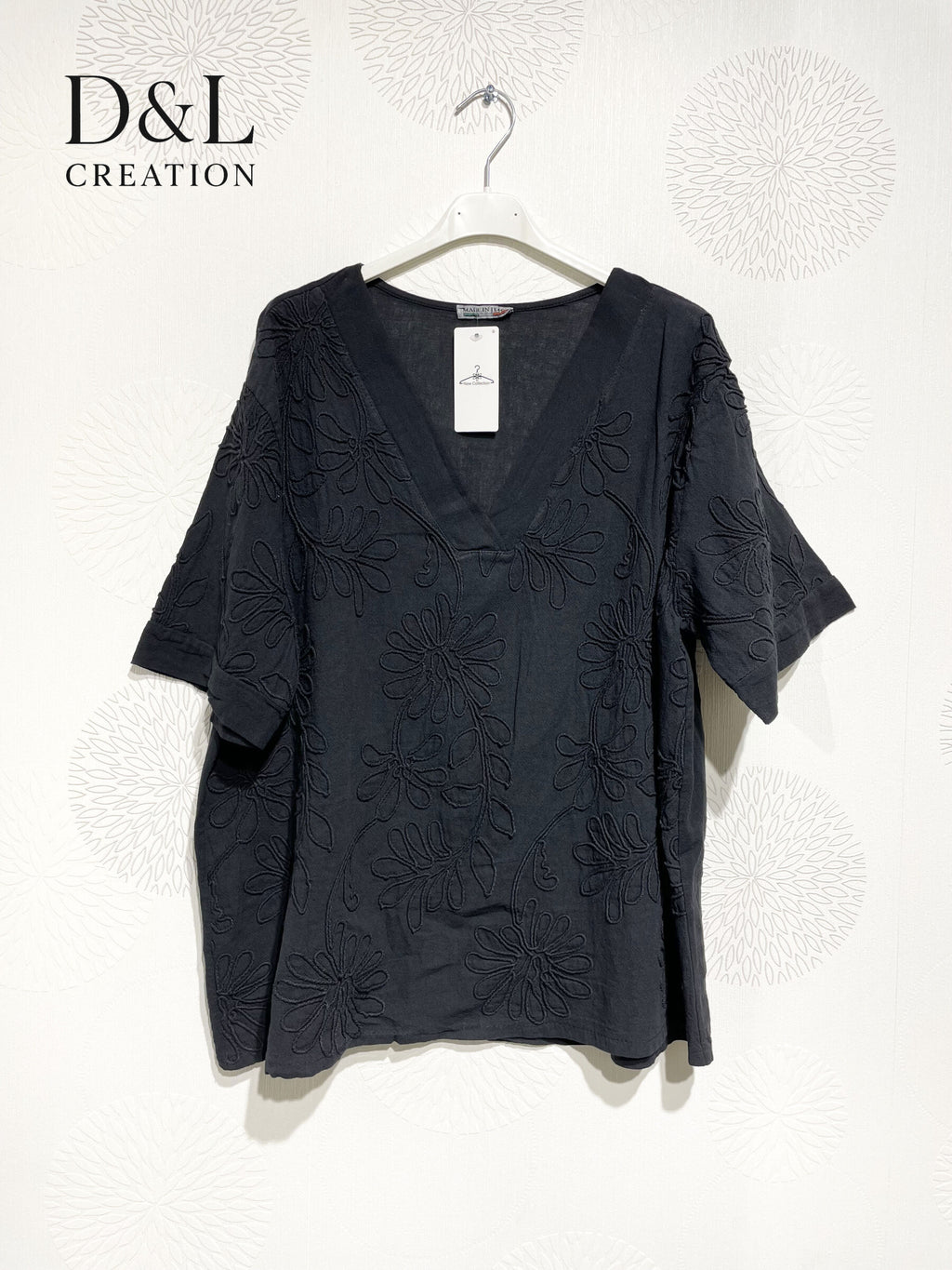 Plus Size V -neck top with flower embroidery T40 to T48