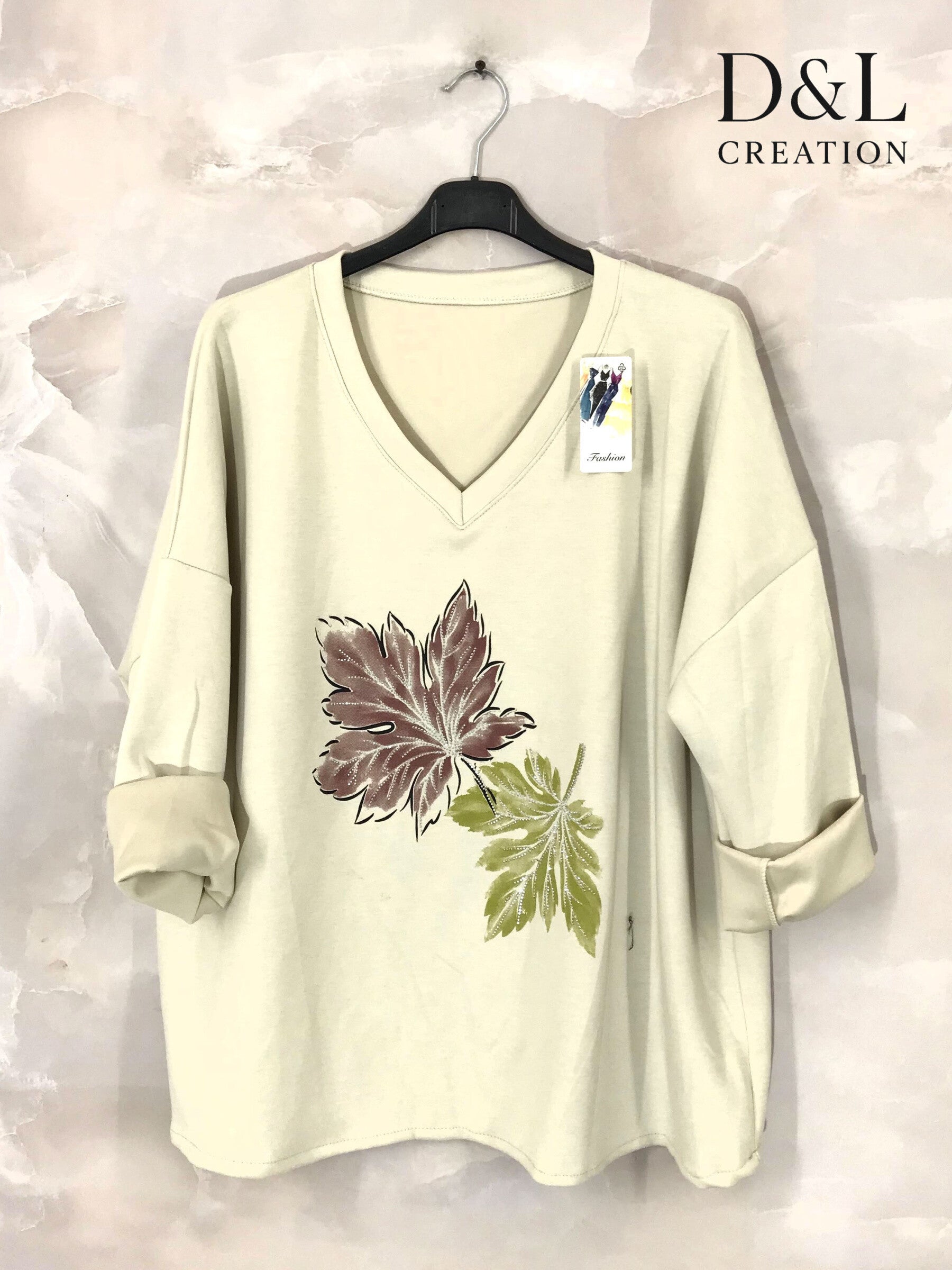 Soft V-neck top with leaf print sizes 10 to 24 i Plus Size