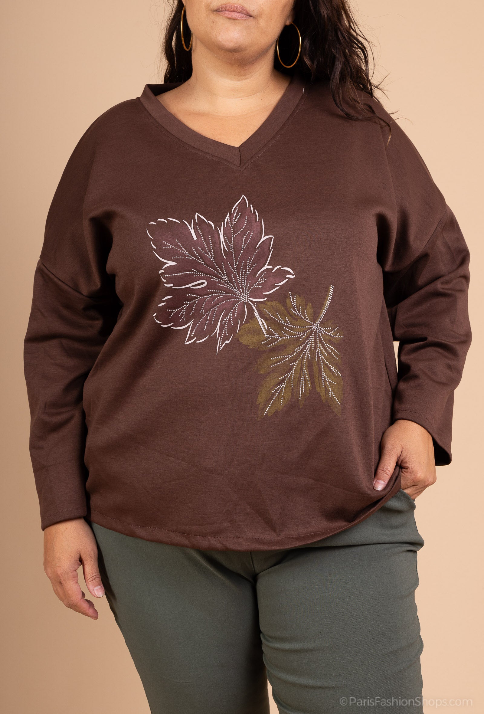 Soft V-neck top with leaf print sizes 10 to 24 i Plus Size